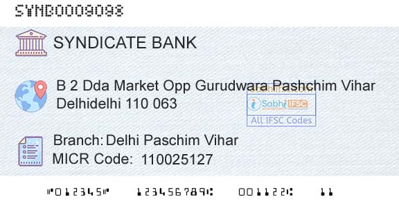 Syndicate Bank Delhi Paschim ViharBranch 