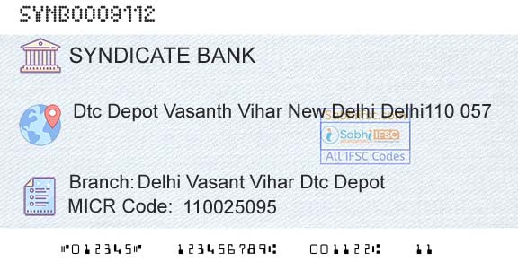 Syndicate Bank Delhi Vasant Vihar Dtc DepotBranch 