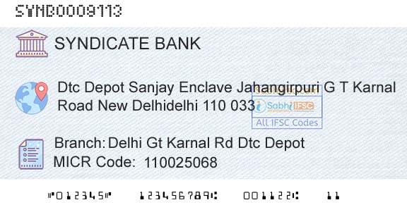 Syndicate Bank Delhi Gt Karnal Rd Dtc DepotBranch 