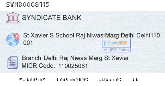 Syndicate Bank Delhi Raj Niwas Marg St XavierBranch 