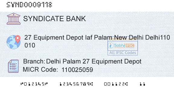 Syndicate Bank Delhi Palam 27 Equipment DepotBranch 