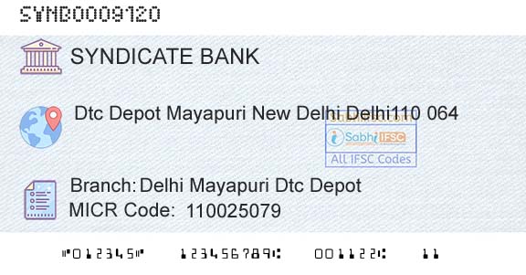 Syndicate Bank Delhi Mayapuri Dtc DepotBranch 