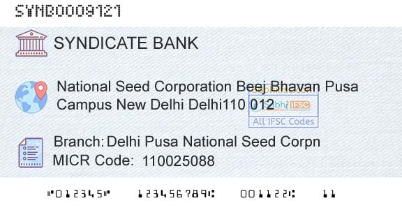 Syndicate Bank Delhi Pusa National Seed CorpnBranch 