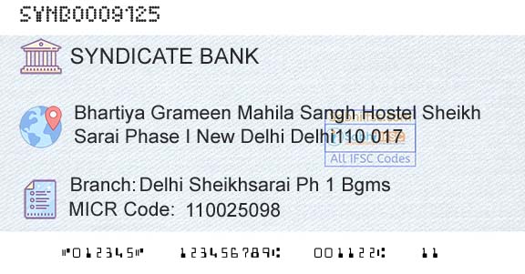 Syndicate Bank Delhi Sheikhsarai Ph 1 BgmsBranch 