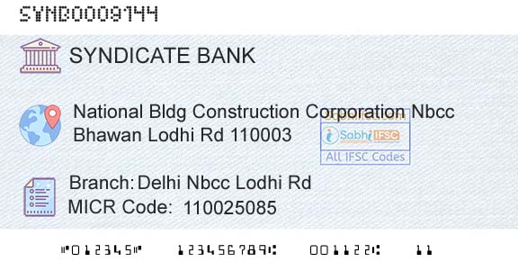Syndicate Bank Delhi Nbcc Lodhi RdBranch 