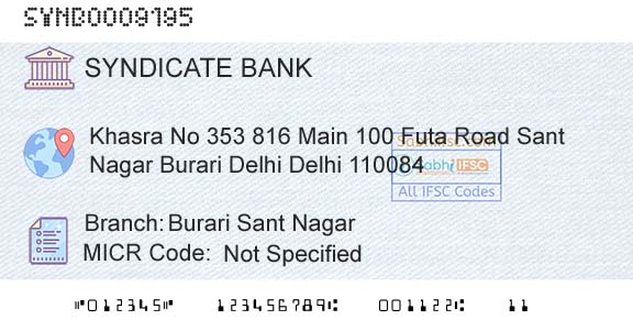 Syndicate Bank Burari Sant NagarBranch 