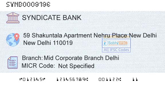 Syndicate Bank Mid Corporate Branch DelhiBranch 
