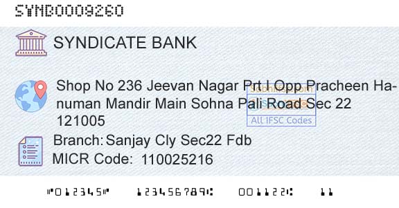 Syndicate Bank Sanjay Cly Sec22 FdbBranch 