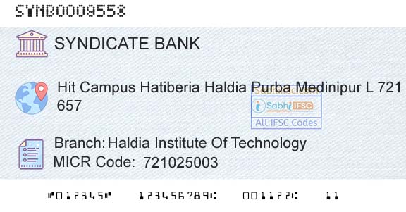 Syndicate Bank Haldia Institute Of TechnologyBranch 