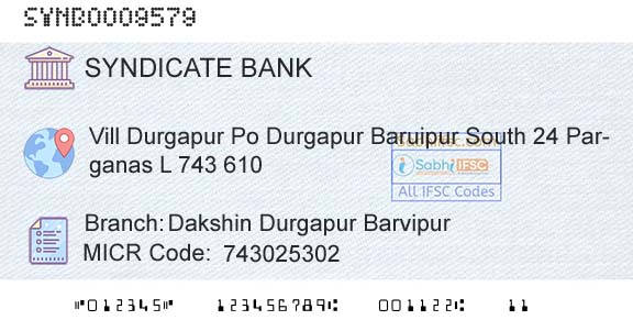 Syndicate Bank Dakshin Durgapur BarvipurBranch 