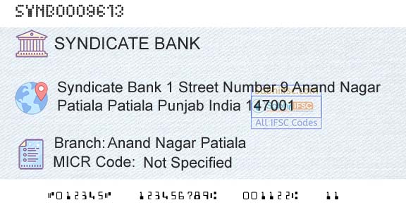 Syndicate Bank Anand Nagar PatialaBranch 