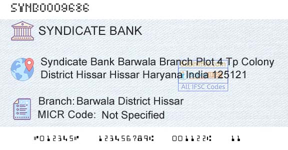 Syndicate Bank Barwala District HissarBranch 
