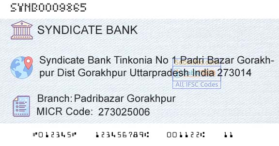 Syndicate Bank Padribazar GorakhpurBranch 