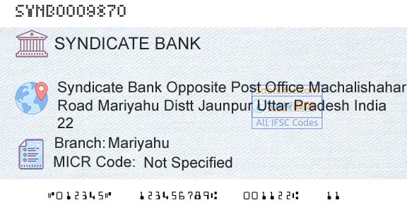 Syndicate Bank MariyahuBranch 