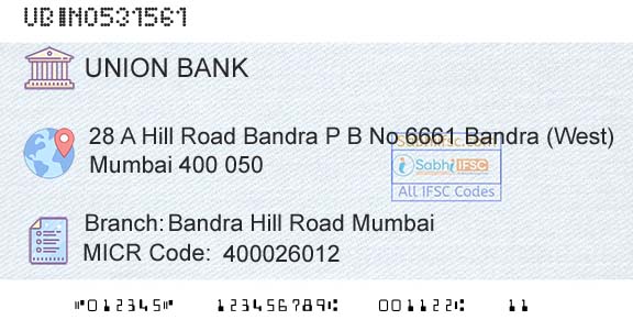 Union Bank Of India Bandra Hill Road MumbaiBranch 