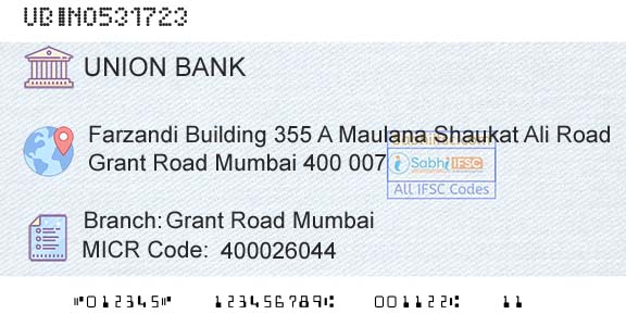 Union Bank Of India Grant Road MumbaiBranch 