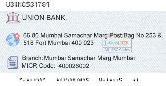 Union Bank Of India Mumbai Samachar Marg MumbaiBranch 
