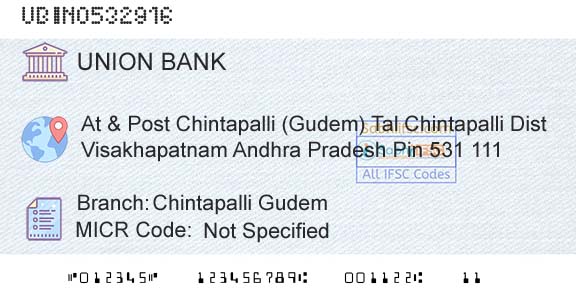 Union Bank Of India Chintapalli Gudem Branch 