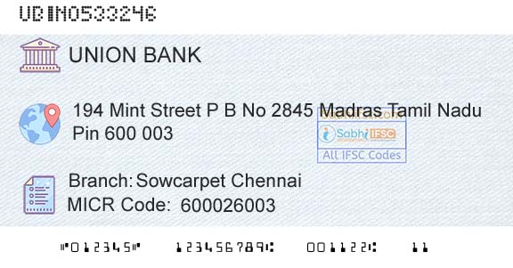 Union Bank Of India Sowcarpet ChennaiBranch 