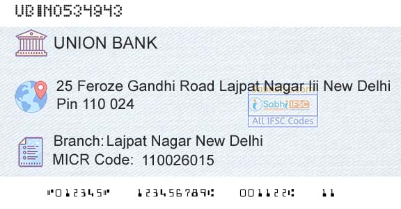 Union Bank Of India Lajpat Nagar New DelhiBranch 