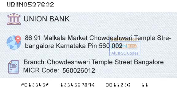 Union Bank Of India Chowdeshwari Temple Street BangaloreBranch 
