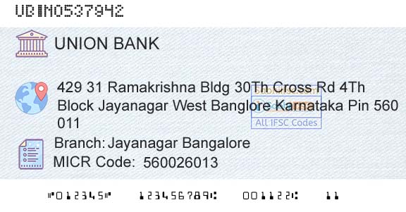 Union Bank Of India Jayanagar BangaloreBranch 
