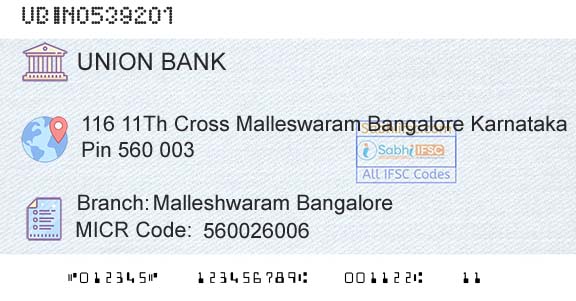 Union Bank Of India Malleshwaram BangaloreBranch 