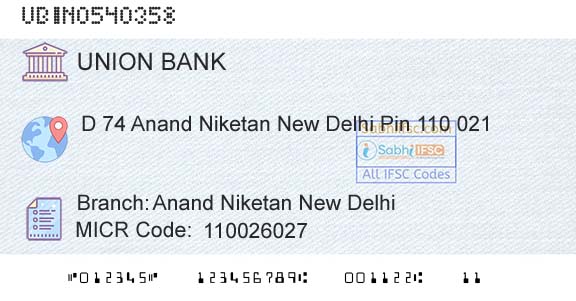 Union Bank Of India Anand Niketan New DelhiBranch 