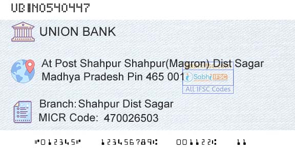 Union Bank Of India Shahpur Dist Sagar Branch 