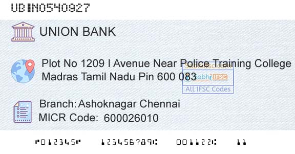 Union Bank Of India Ashoknagar ChennaiBranch 