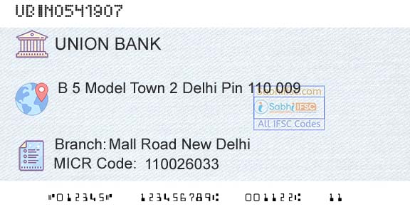 Union Bank Of India Mall Road New DelhiBranch 