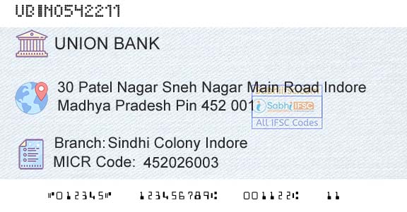 Union Bank Of India Sindhi Colony IndoreBranch 