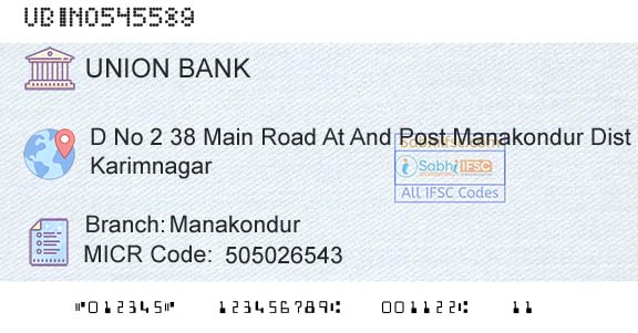 Union Bank Of India Manakondur Branch 