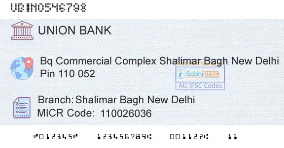 Union Bank Of India Shalimar Bagh New DelhiBranch 