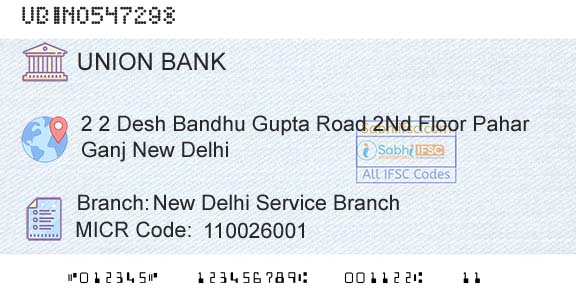 Union Bank Of India New Delhi Service BranchBranch 