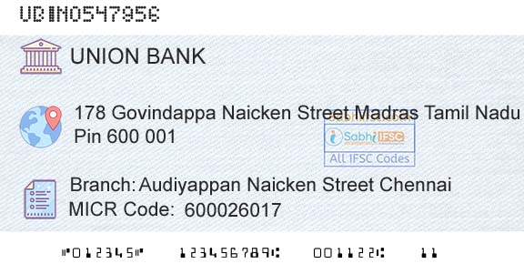 Union Bank Of India Audiyappan Naicken Street ChennaiBranch 