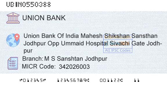 Union Bank Of India M S Sanshtan JodhpurBranch 