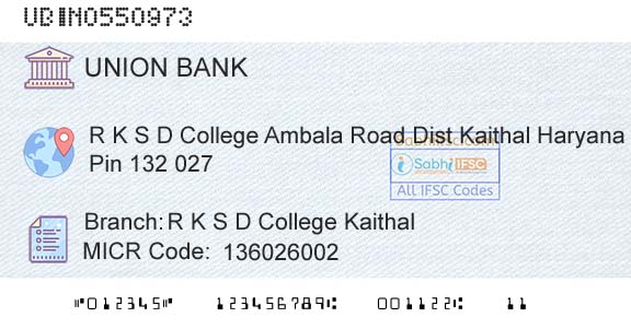 Union Bank Of India R K S D College KaithalBranch 