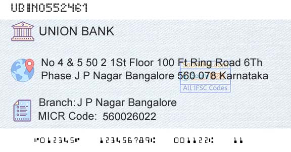 Union Bank Of India J P Nagar BangaloreBranch 
