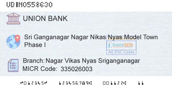 Union Bank Of India Nagar Vikas Nyas SriganganagarBranch 