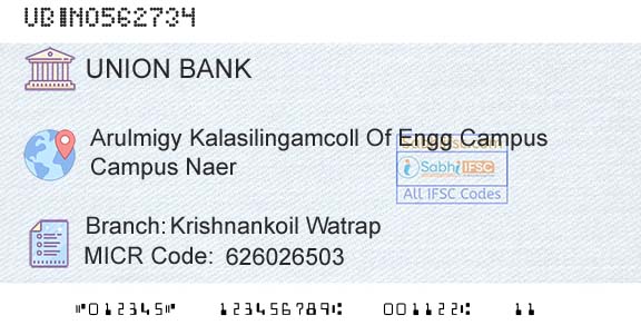 Union Bank Of India Krishnankoil WatrapBranch 