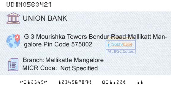 Union Bank Of India Mallikatte MangaloreBranch 