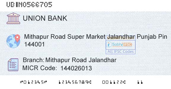 Union Bank Of India Mithapur Road JalandharBranch 