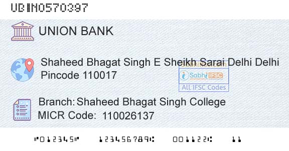Union Bank Of India Shaheed Bhagat Singh CollegeBranch 