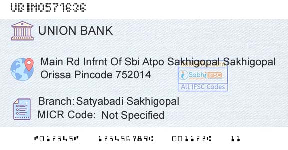 Union Bank Of India Satyabadi SakhigopalBranch 