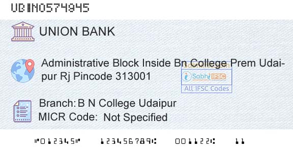 Union Bank Of India B N College UdaipurBranch 