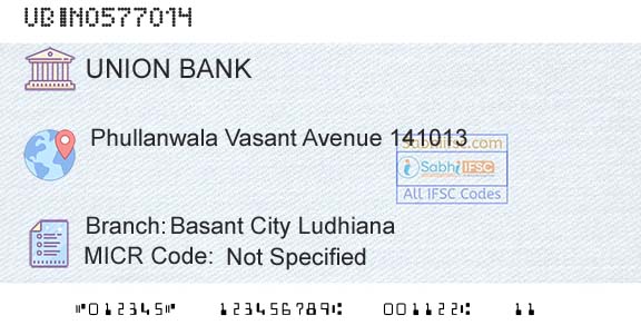 Union Bank Of India Basant City LudhianaBranch 