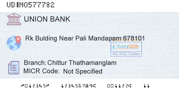 Union Bank Of India Chittur ThathamanglamBranch 