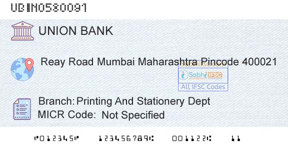 Union Bank Of India Printing And Stationery DeptBranch 