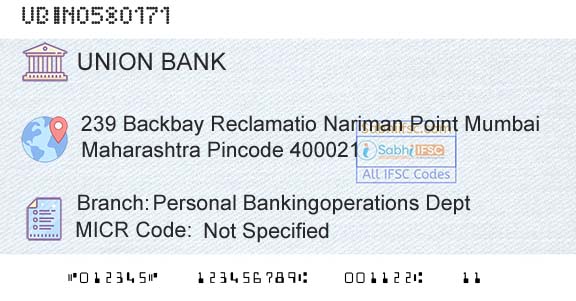 Union Bank Of India Personal Bankingoperations DeptBranch 